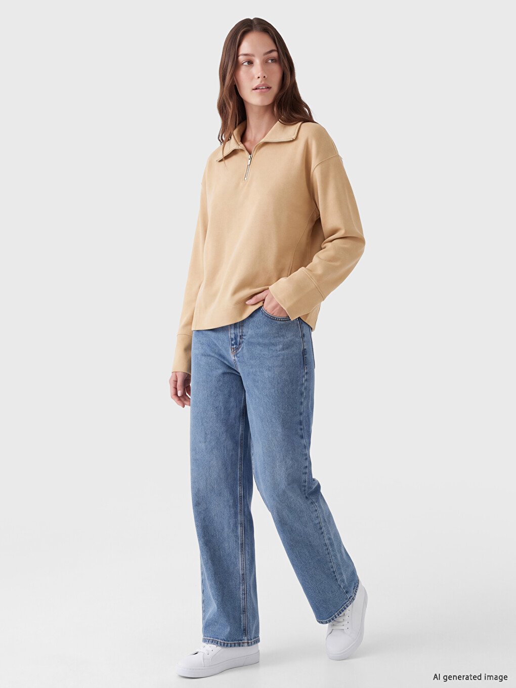 Bej Soft Touch Kadın Sweatshirt Tunik-1