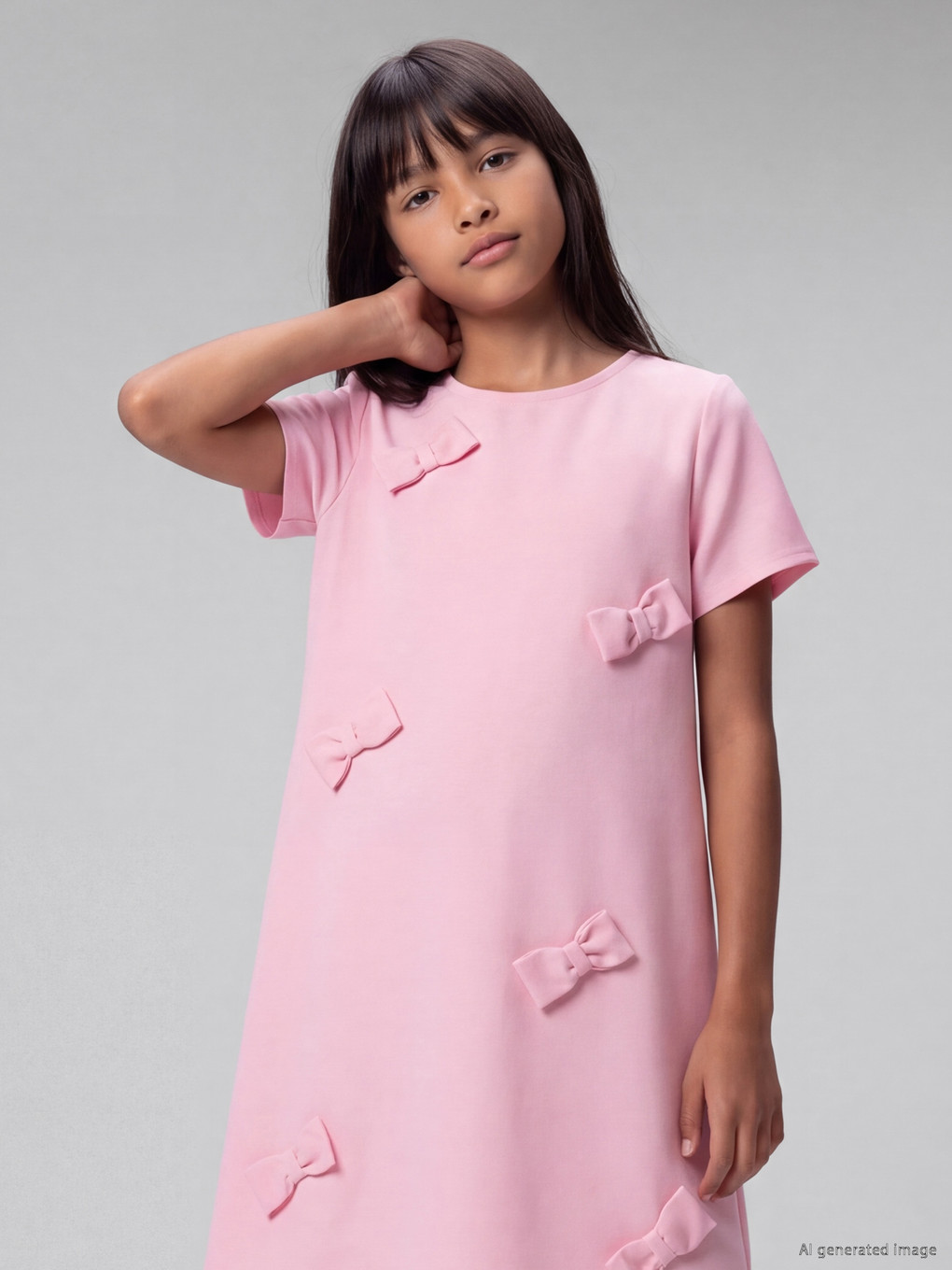 Crew Neck Bow Detailed Girls' Dress-1