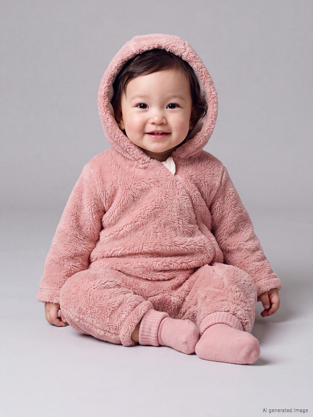 Pembe Kız Bebek Kapüşonlu Pelüş Tulum