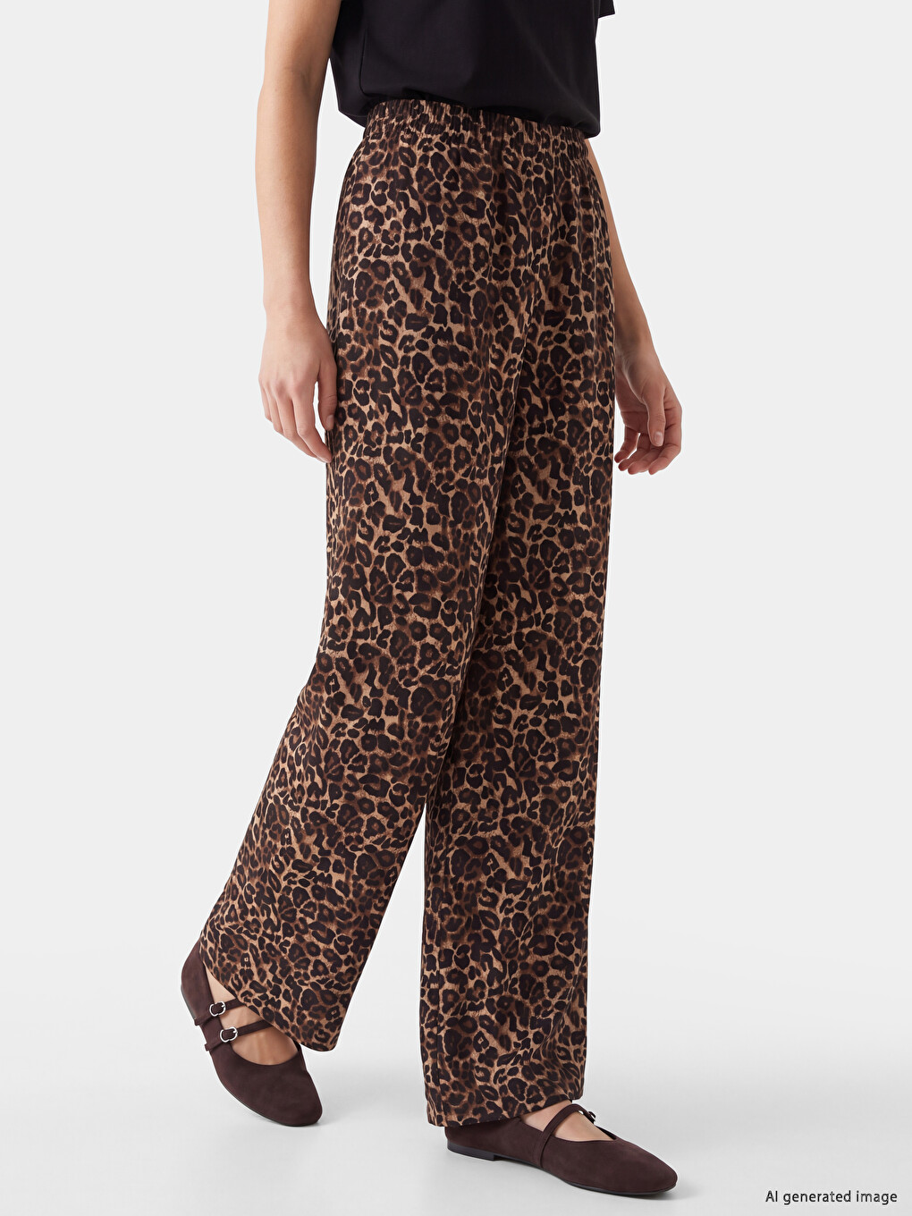 Kahverengi Leopar Desenli Keten Karışımlı Kadın Pantolon-1