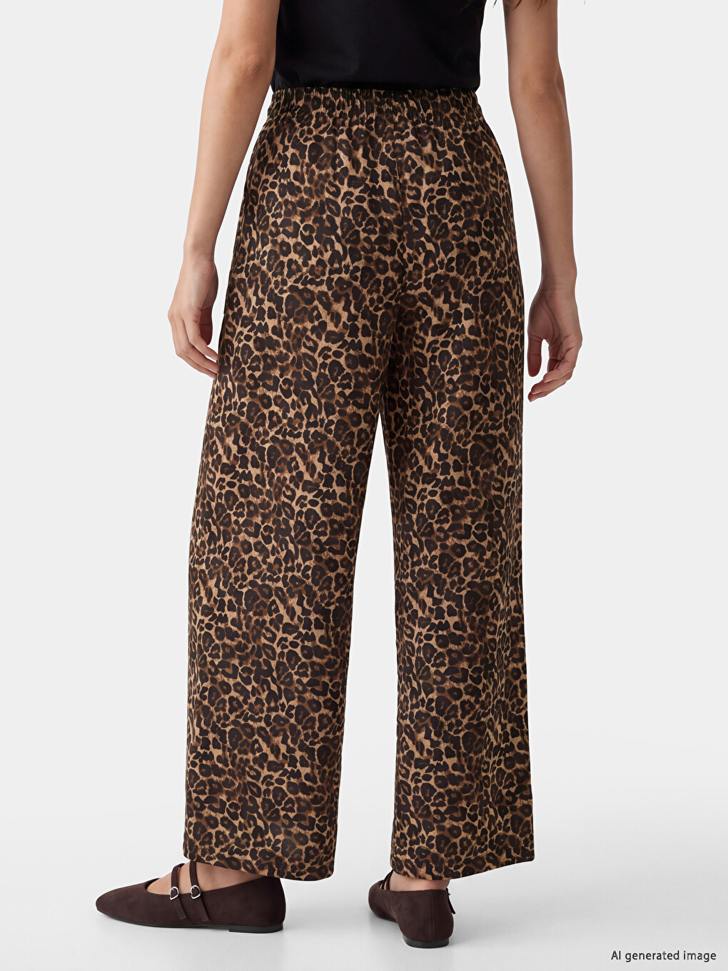 Kahverengi Leopar Desenli Keten Karışımlı Kadın Pantolon-3