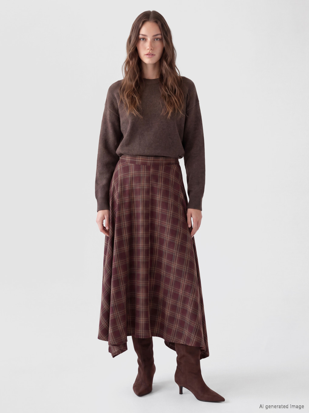  Waist Zippered Plaid Asymmetric Cut Skirt