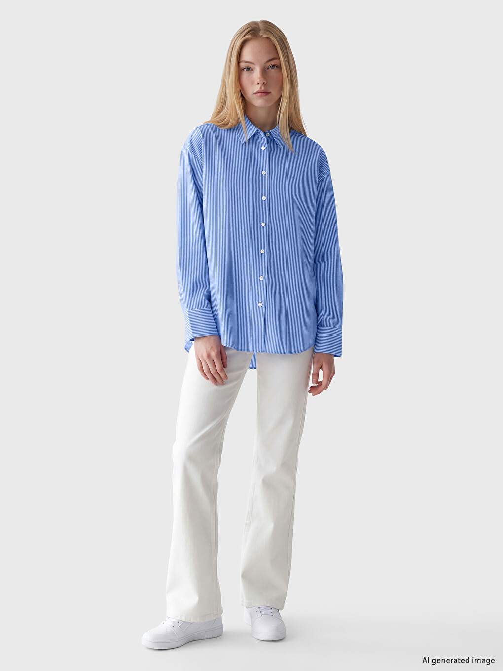 Mavi Çizgili Oversize Poplin Kadın Gömlek-1