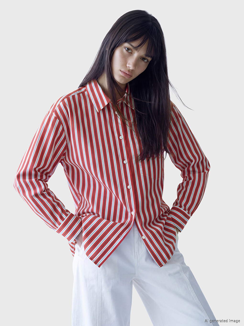 Këmishë Poplin Me Shirita Oversize Për Gra-1