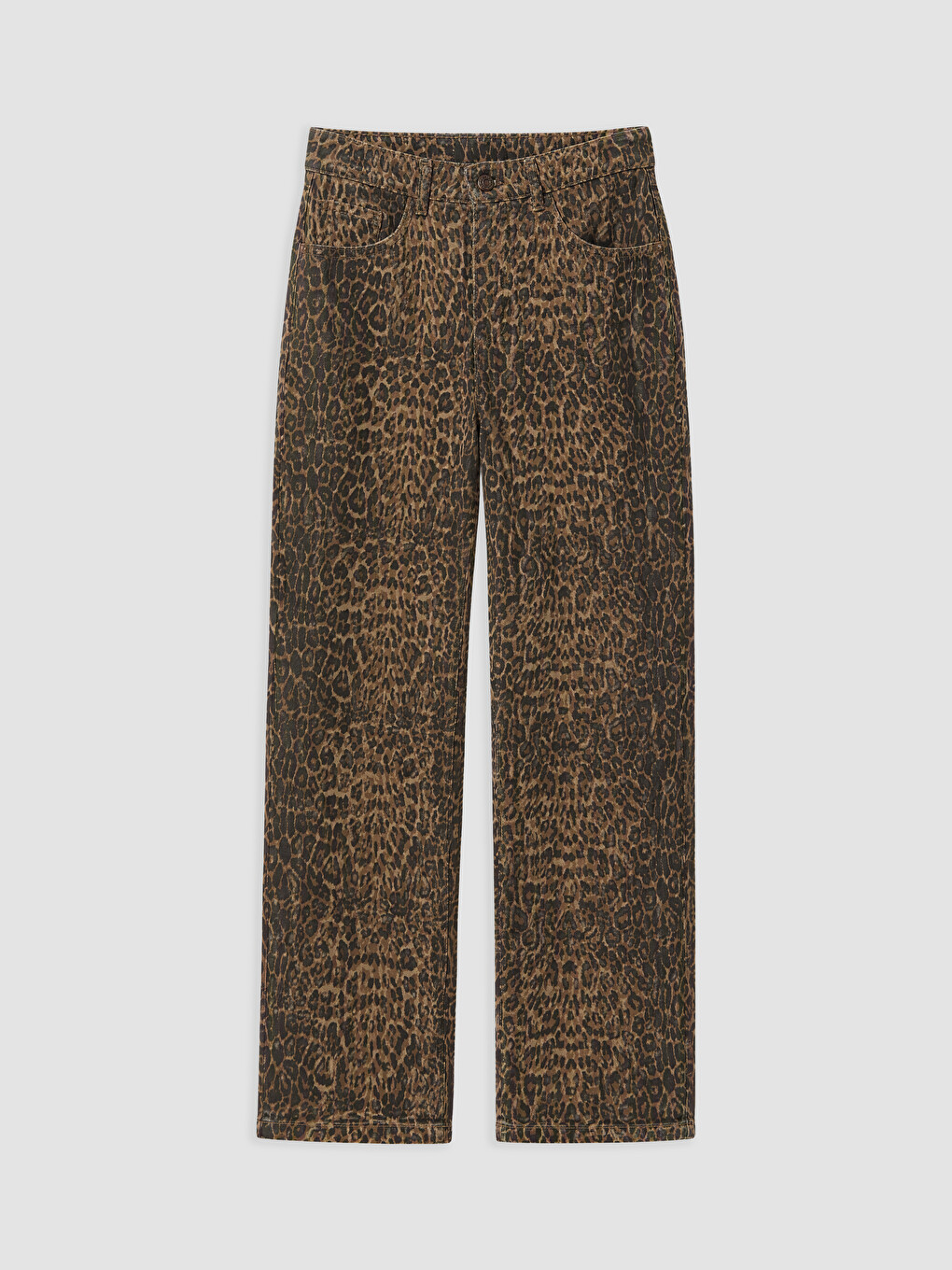 Kahverengi Straight Fit Leopar Desenli Kadın Jean Pantolon