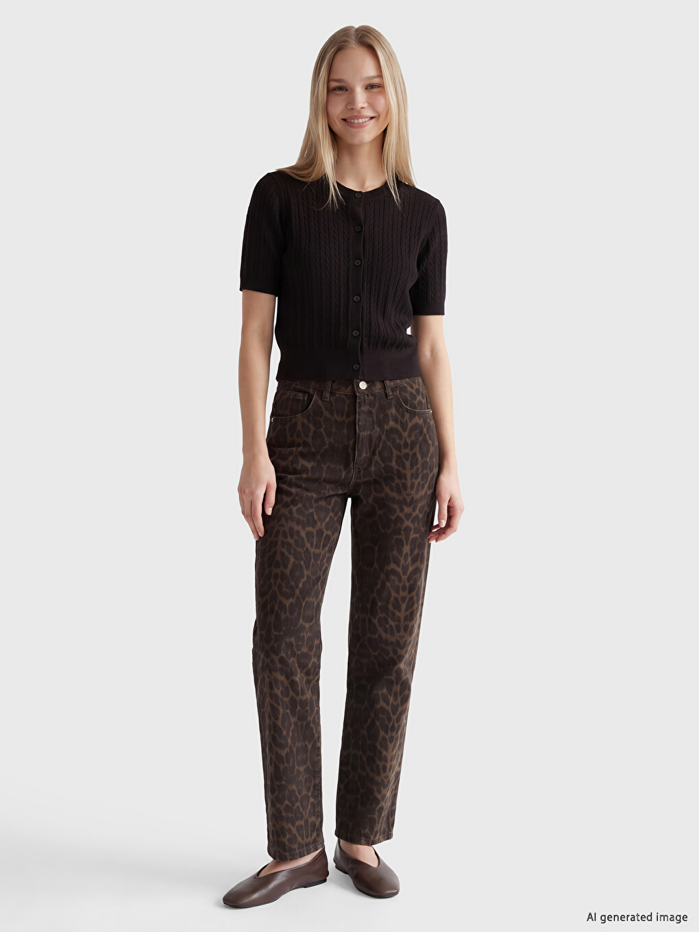 Kahverengi Leopar Desenli Straight Fit Kadın Jean Pantolon-1