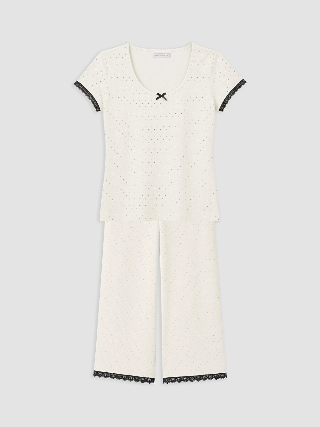 Ekru Puantiyeli Kadın Kaprili Pijama Takımı-4