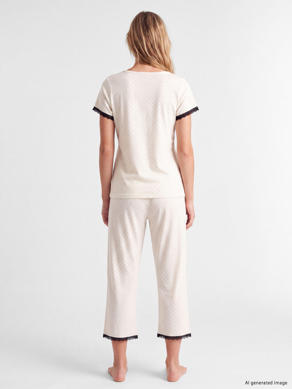 Ekru Puantiyeli Kadın Kaprili Pijama Takımı-3