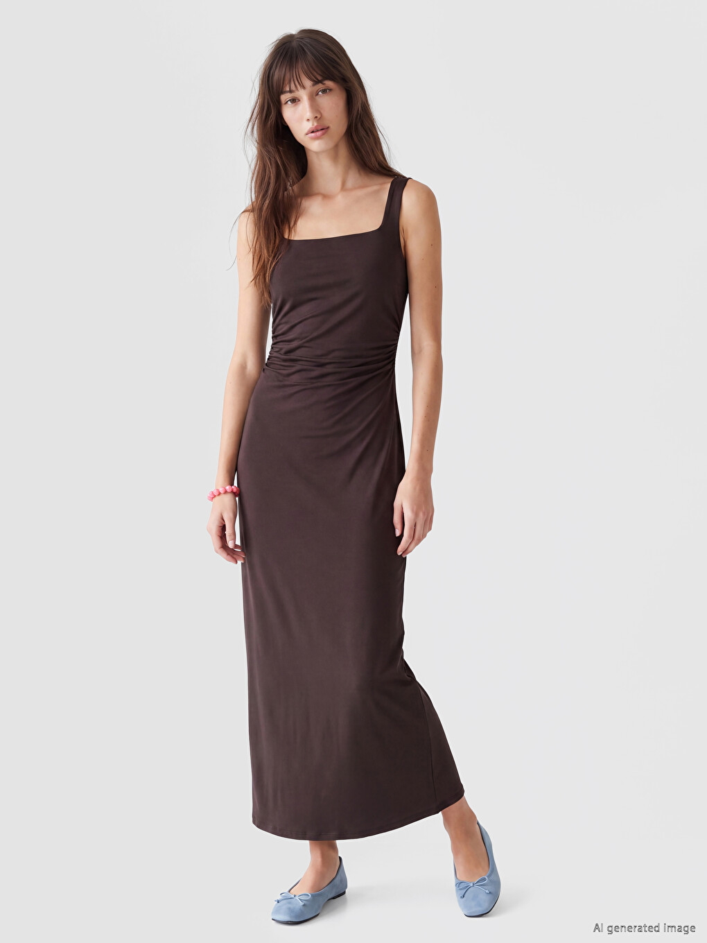 Kahverengi Kare Yaka Büzgülü Bodycon Elbise-1