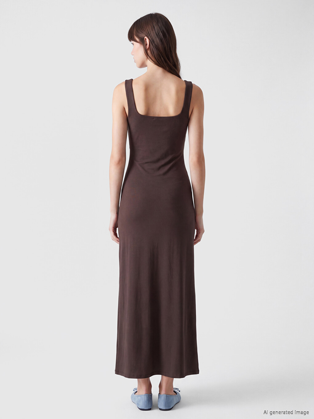 Kahverengi Kare Yaka Büzgülü Bodycon Elbise-3