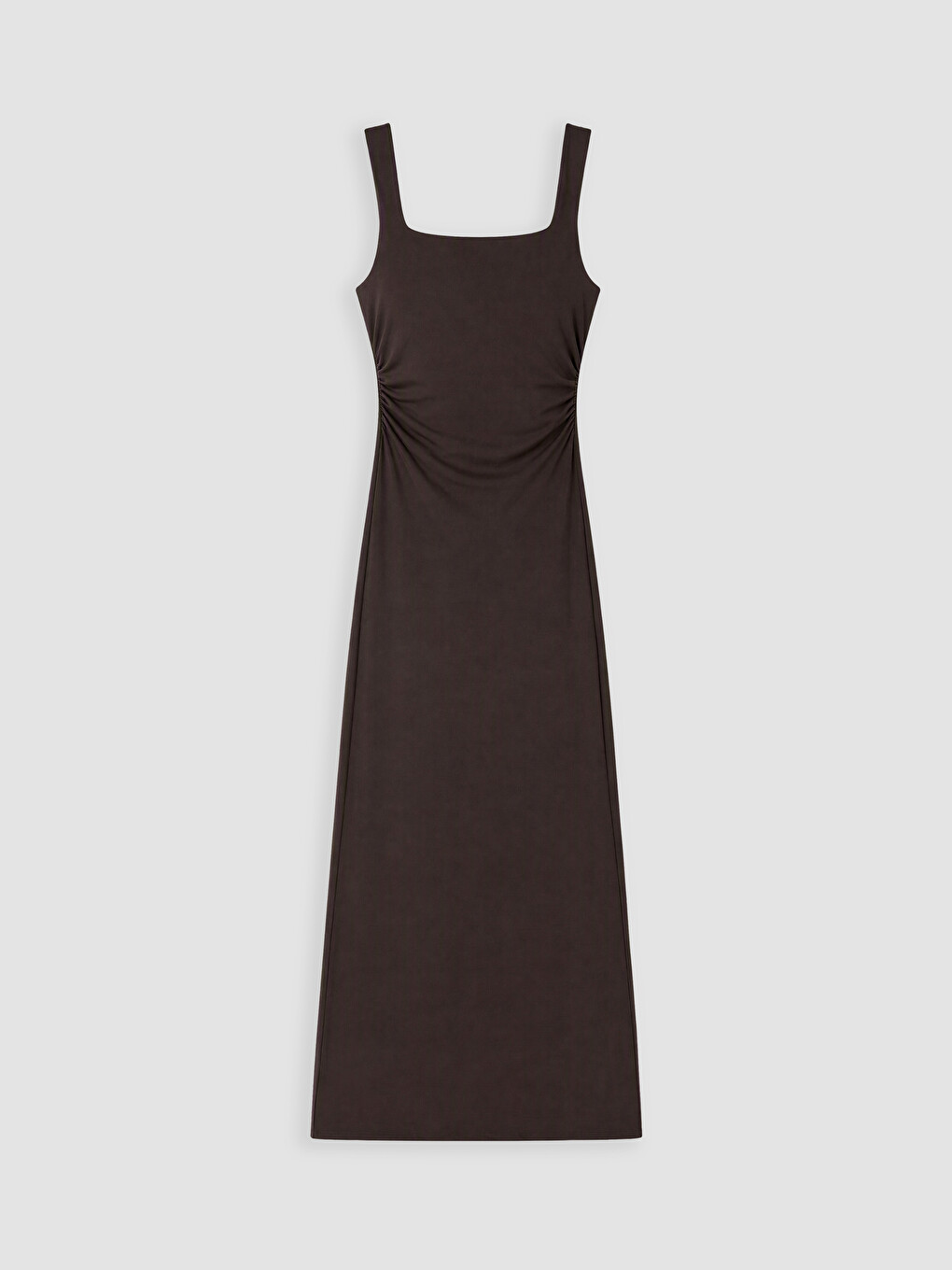 Kahverengi Kare Yaka Büzgülü Bodycon Elbise-4