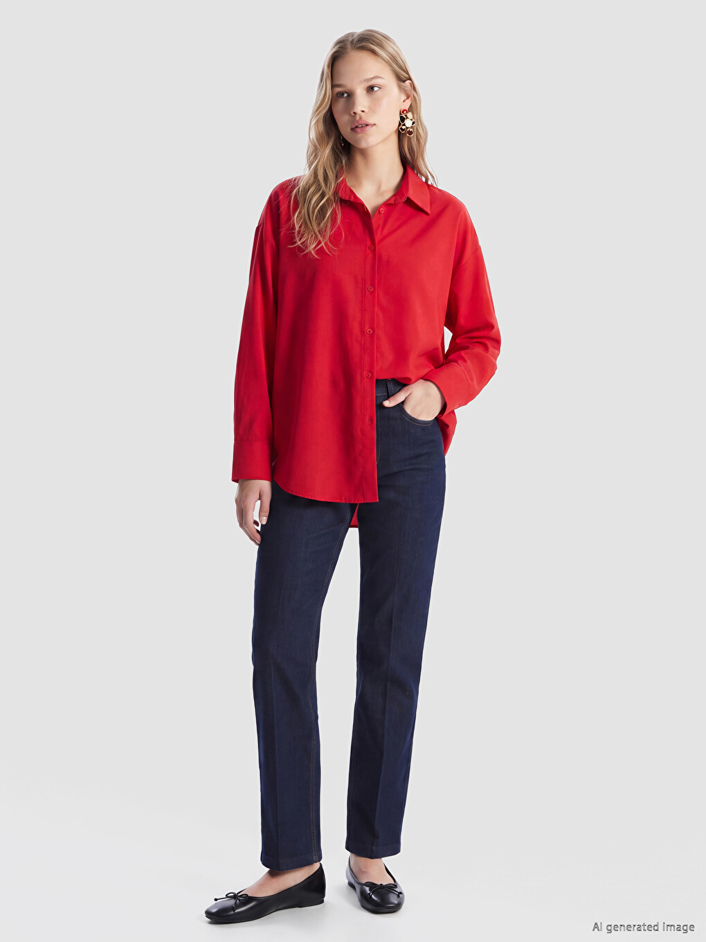 Kırmızı Oversize Poplin Kadın Gömlek-1