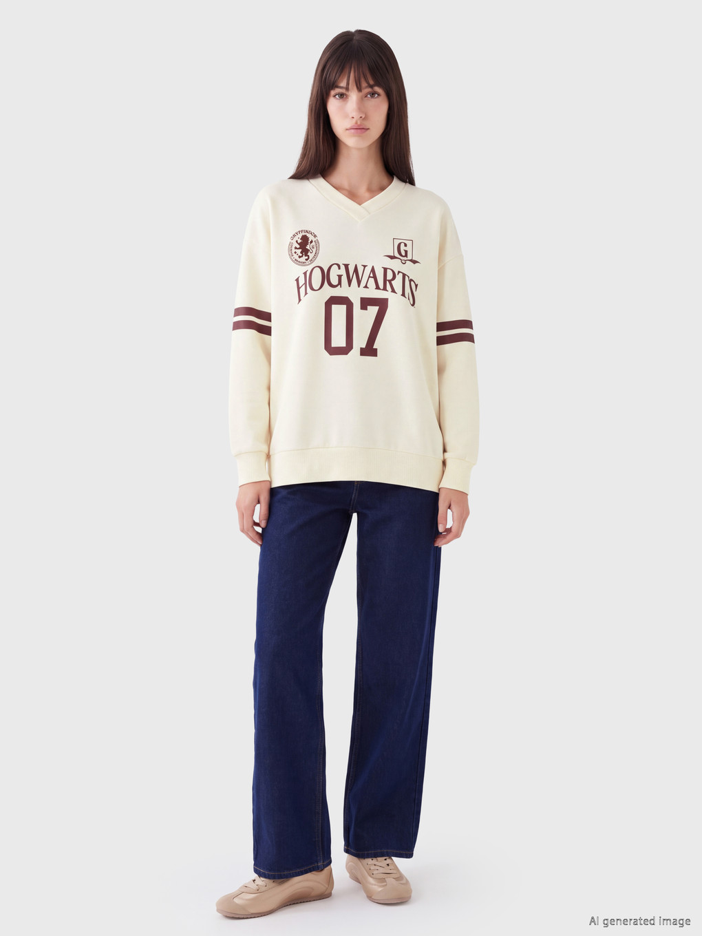 Bej Harry Potter Baskılı Oversize Kadın Sweatshirt