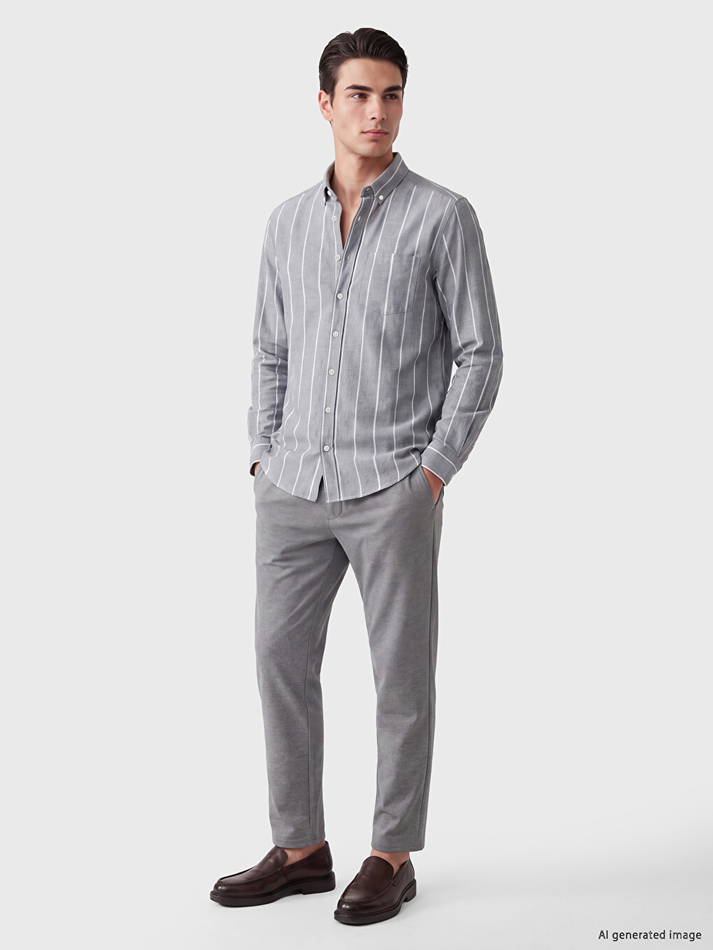 Yeşil Regular Fit Çizgili Oxford Erkek Gömlek-1