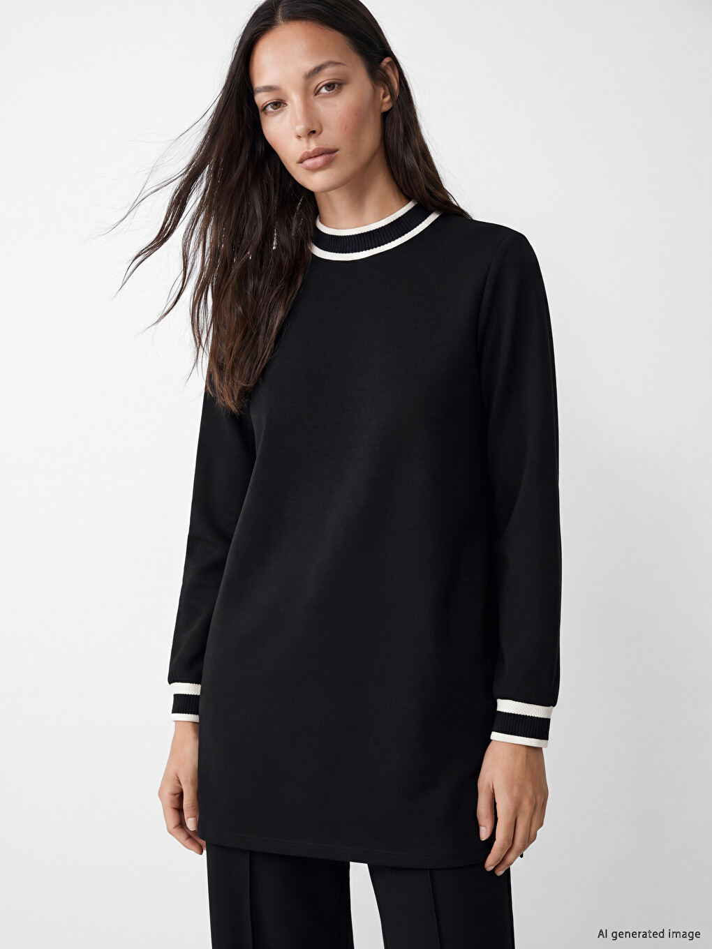 Strip Detailed Soft Touch Women's Sweatshirt Tunic-1