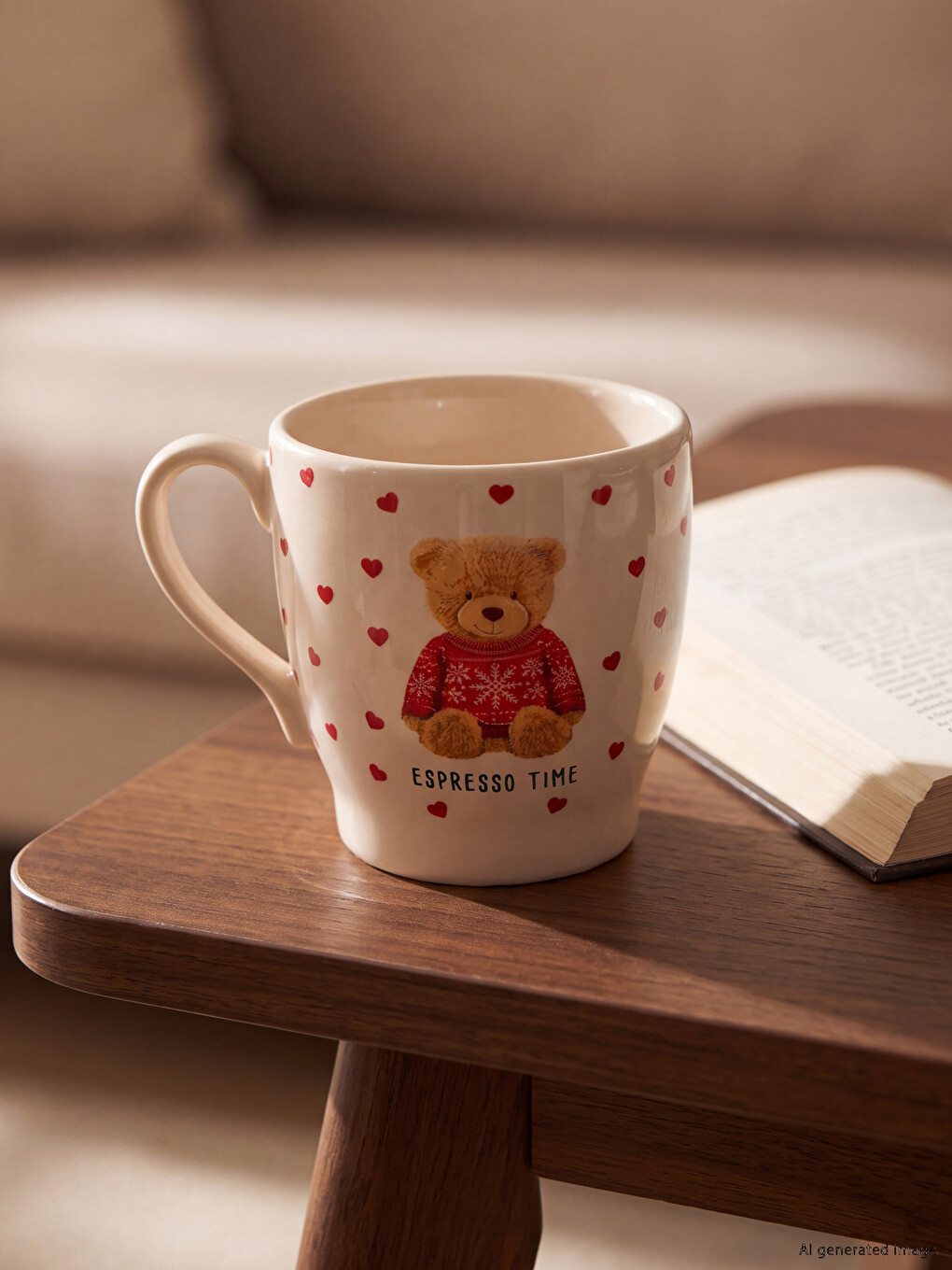 Heart Patterned Bear Printed Ceramic Mug
