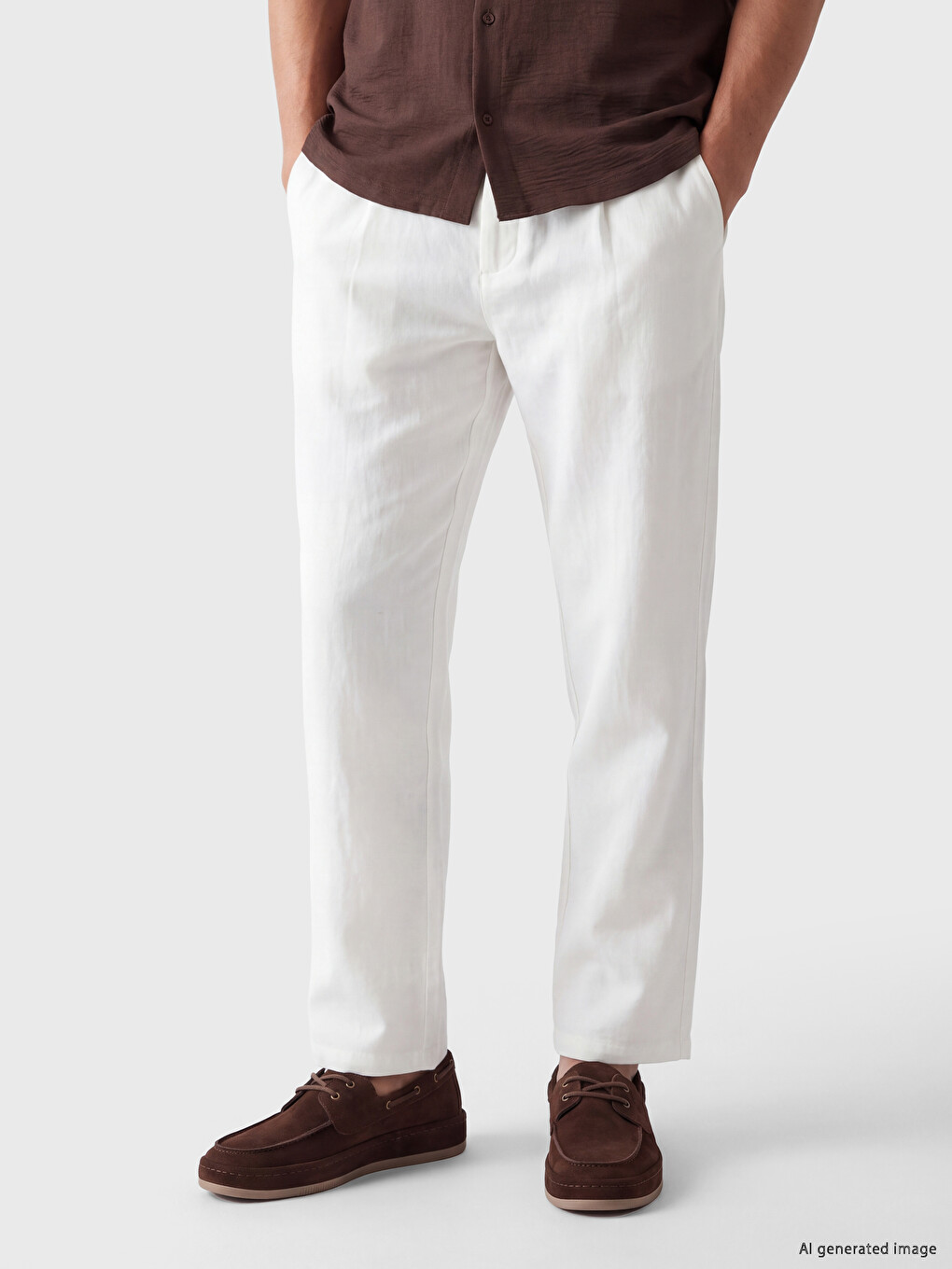 Beyaz Relax Fit Erkek Pileli Pantolon-1