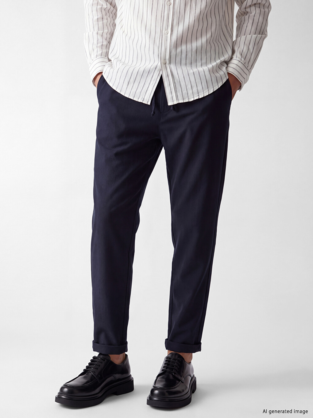 Lacivert Beli Lastikli Ve Bağcıklı Slim Fit Erkek Pantolon