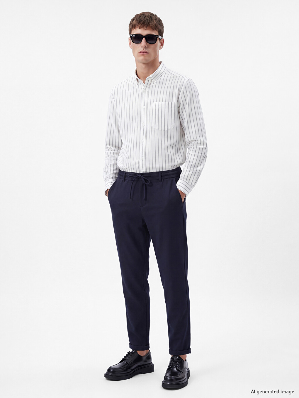 Lacivert Beli Lastikli Ve Bağcıklı Slim Fit Erkek Pantolon-1