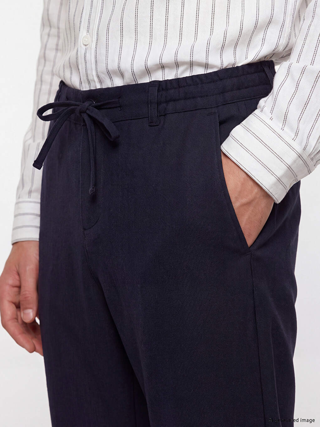 Lacivert Beli Lastikli Ve Bağcıklı Slim Fit Erkek Pantolon-2