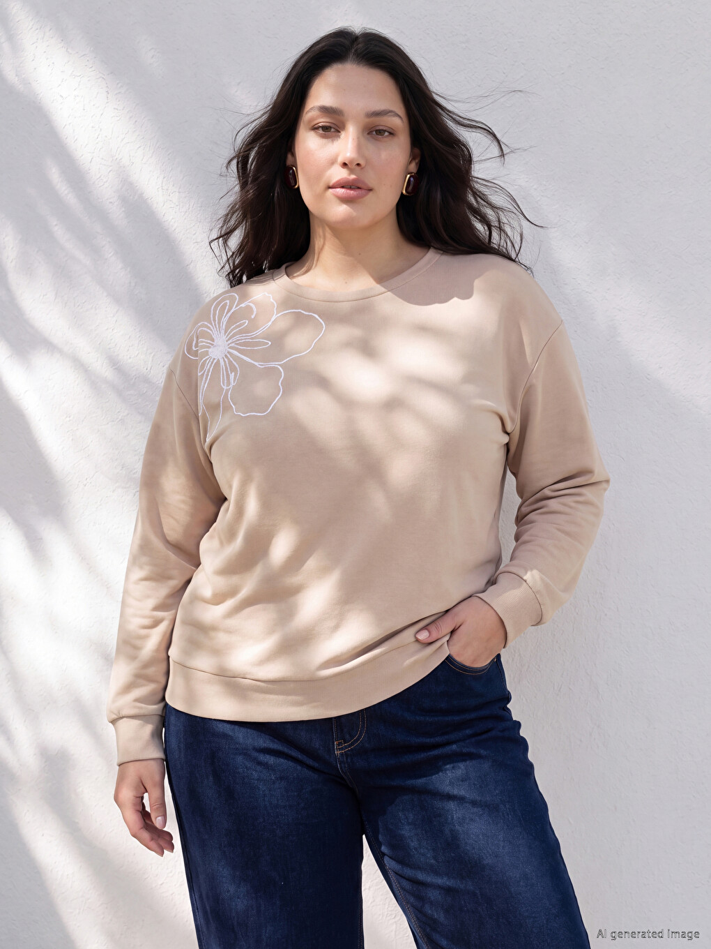 Bej Büyük Beden Nakışlı Kadın Sweatshirt