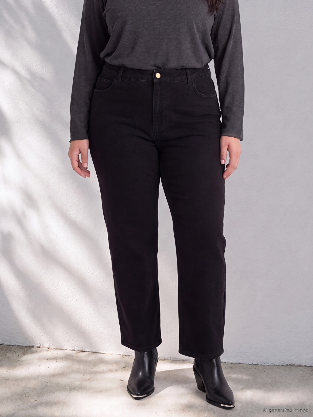 Siyah Büyük Beden Straight Fit Kadın Jean Pantolon-1