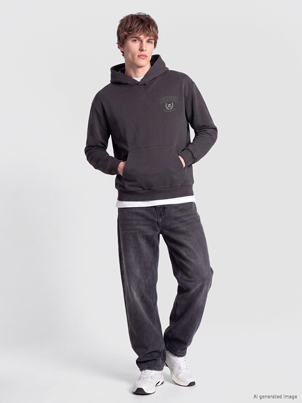 Antrasit Baskılı Erkek Hoodie-1