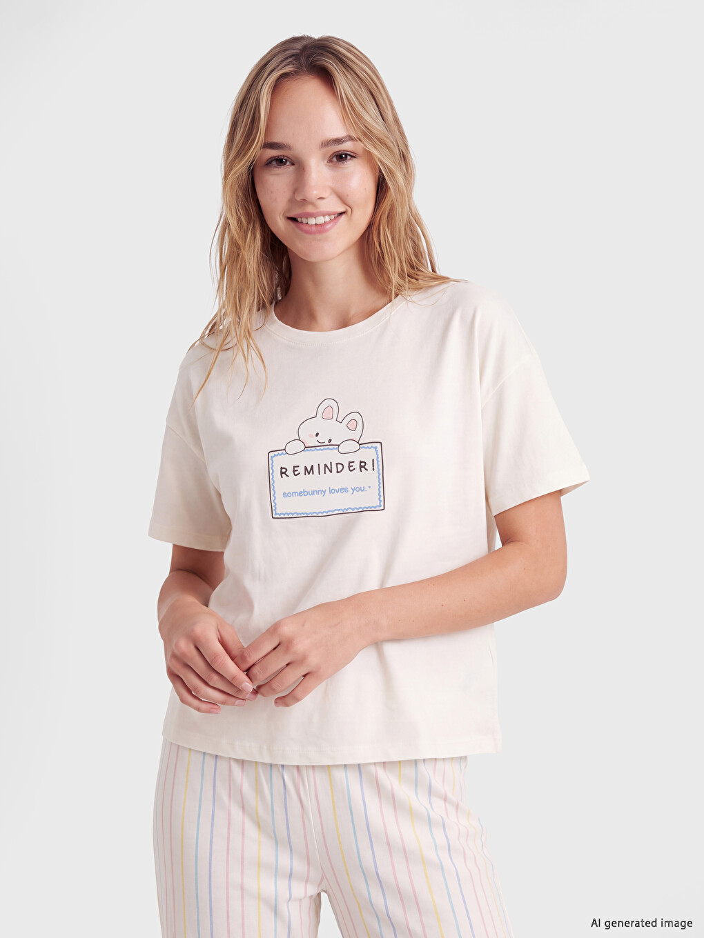 Ekru Bisiklet Yaka Baskılı Kadın Pijama Takım-1