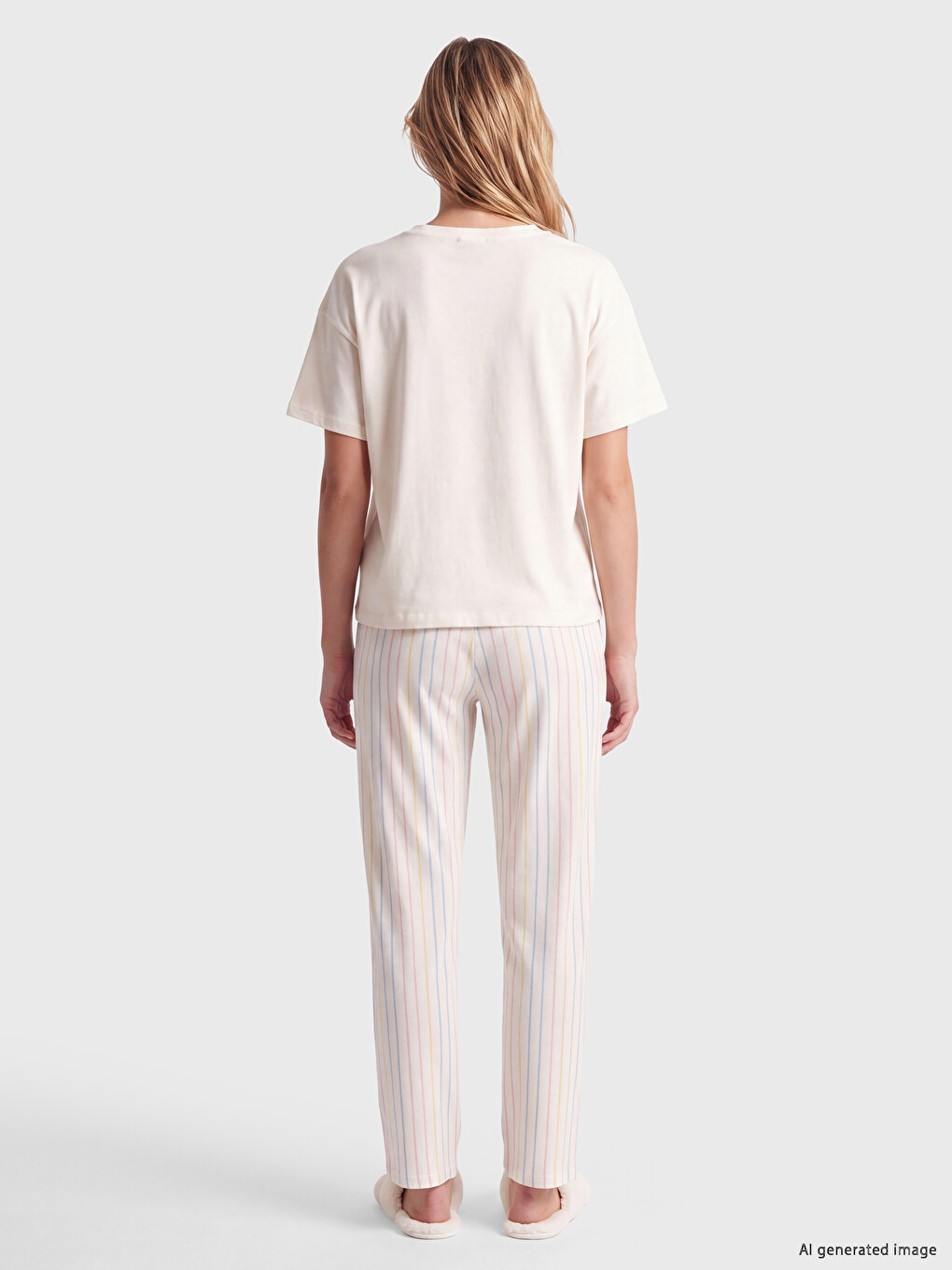 Ekru Bisiklet Yaka Baskılı Kadın Pijama Takım-3