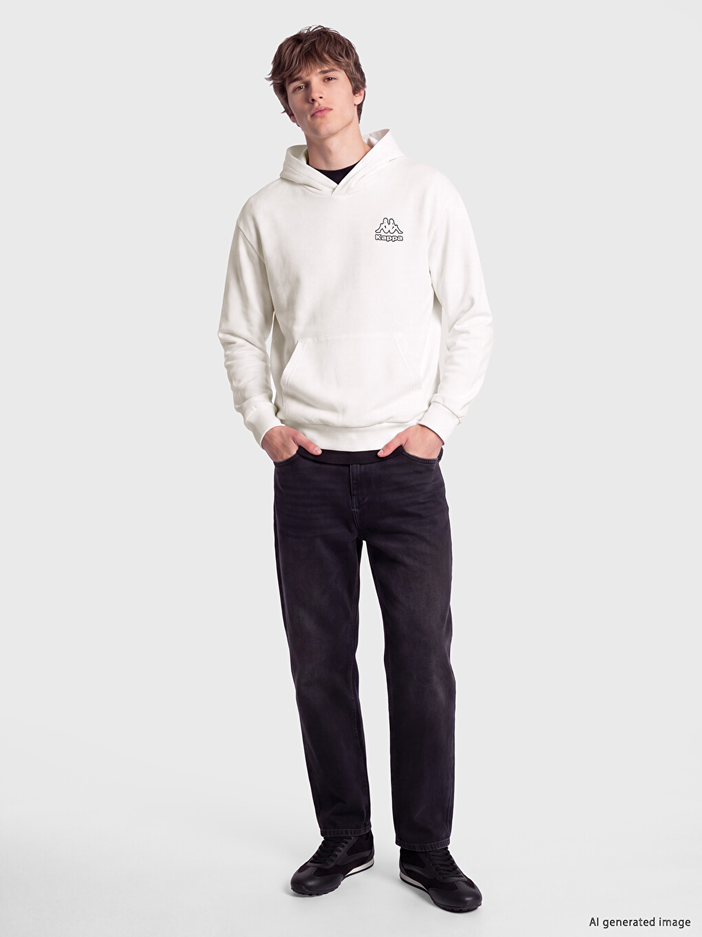 Ekru Nakışlı Erkek Hoodie-1