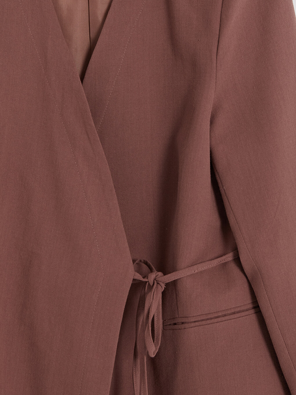 Kahverengi Kruvaze Yaka Bağlamalı Oversize Kadın Blazer Ceket-1