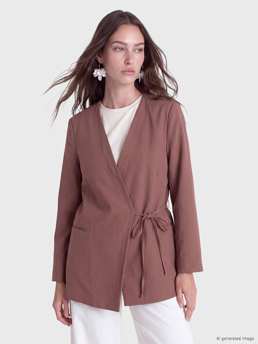 Kahverengi Kruvaze Yaka Bağlamalı Oversize Kadın Blazer Ceket