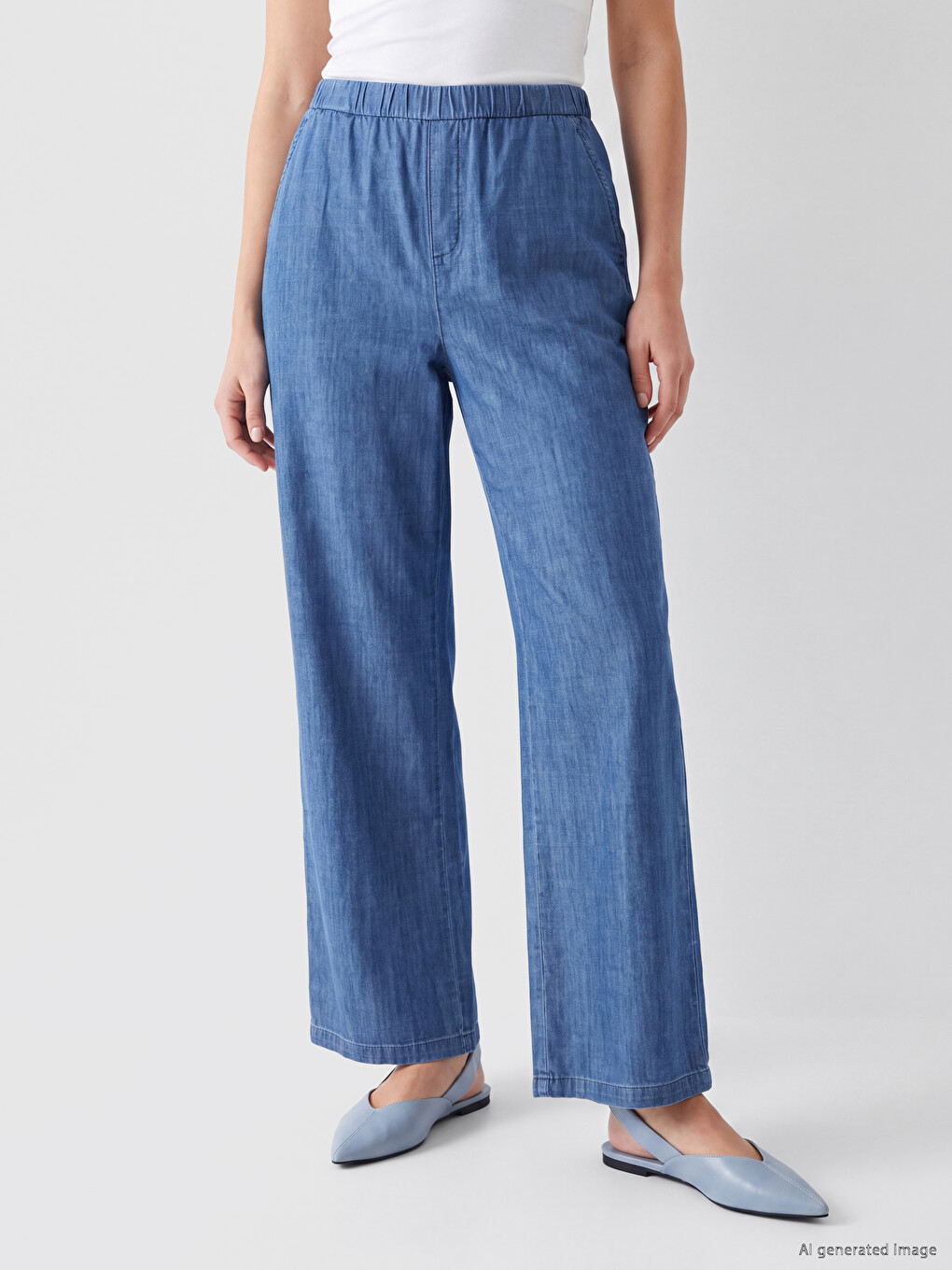 İndigo Beli Lastikli Wideleg Kadın Jean Pantolon-1