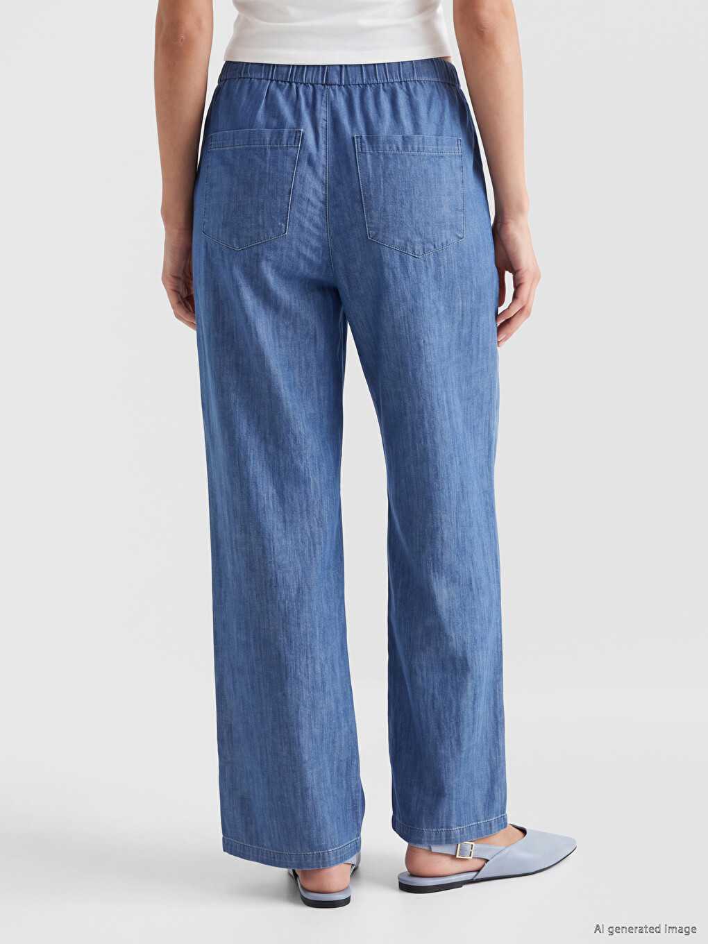 İndigo Beli Lastikli Wideleg Kadın Jean Pantolon-3