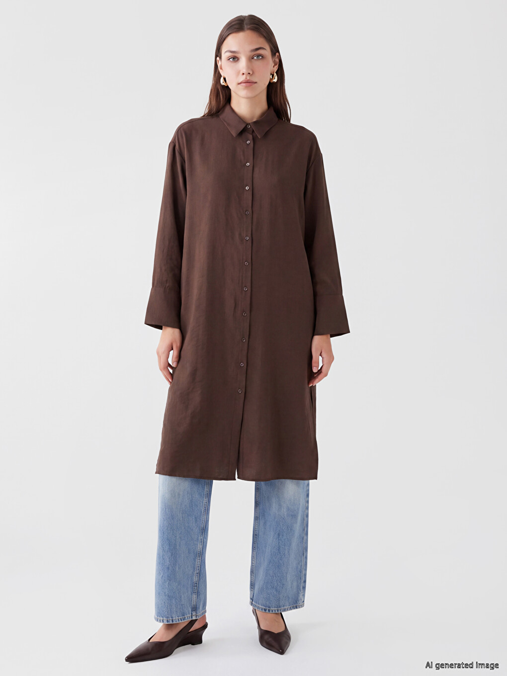 Kahverengi Modal Karışımlı Oversize Kadın Gömlek Tunik