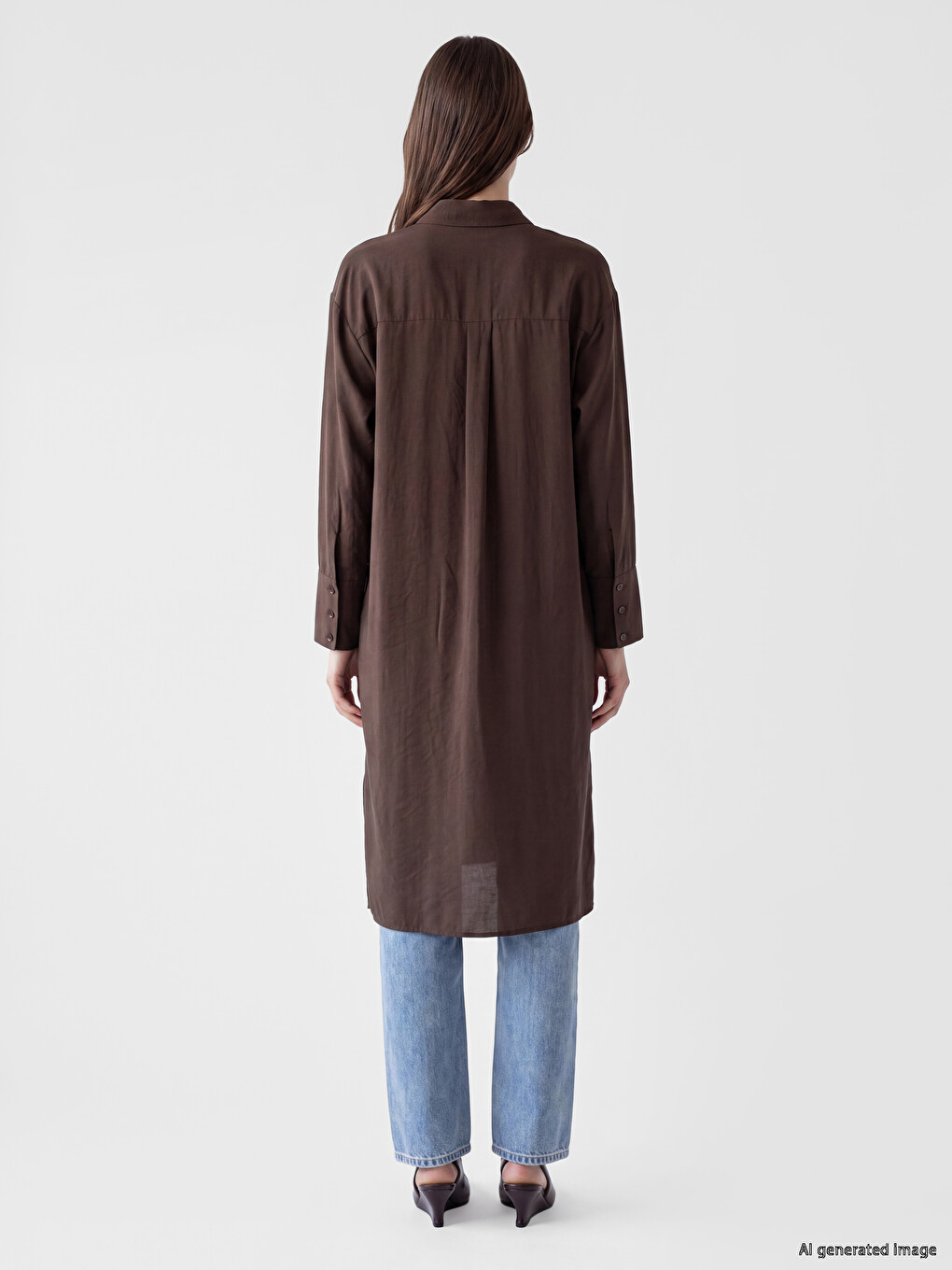 Kahverengi Modal Karışımlı Oversize Kadın Gömlek Tunik-3