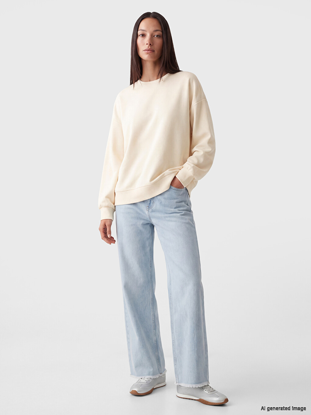 Bej Oversize Soft Touch Kadın Sweatshirt-1
