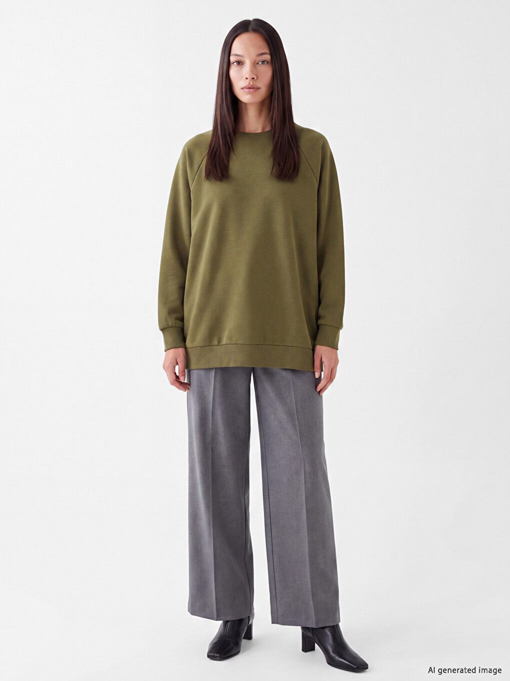 Haki Soft Touch Oversize Kadın Sweatshirt-1