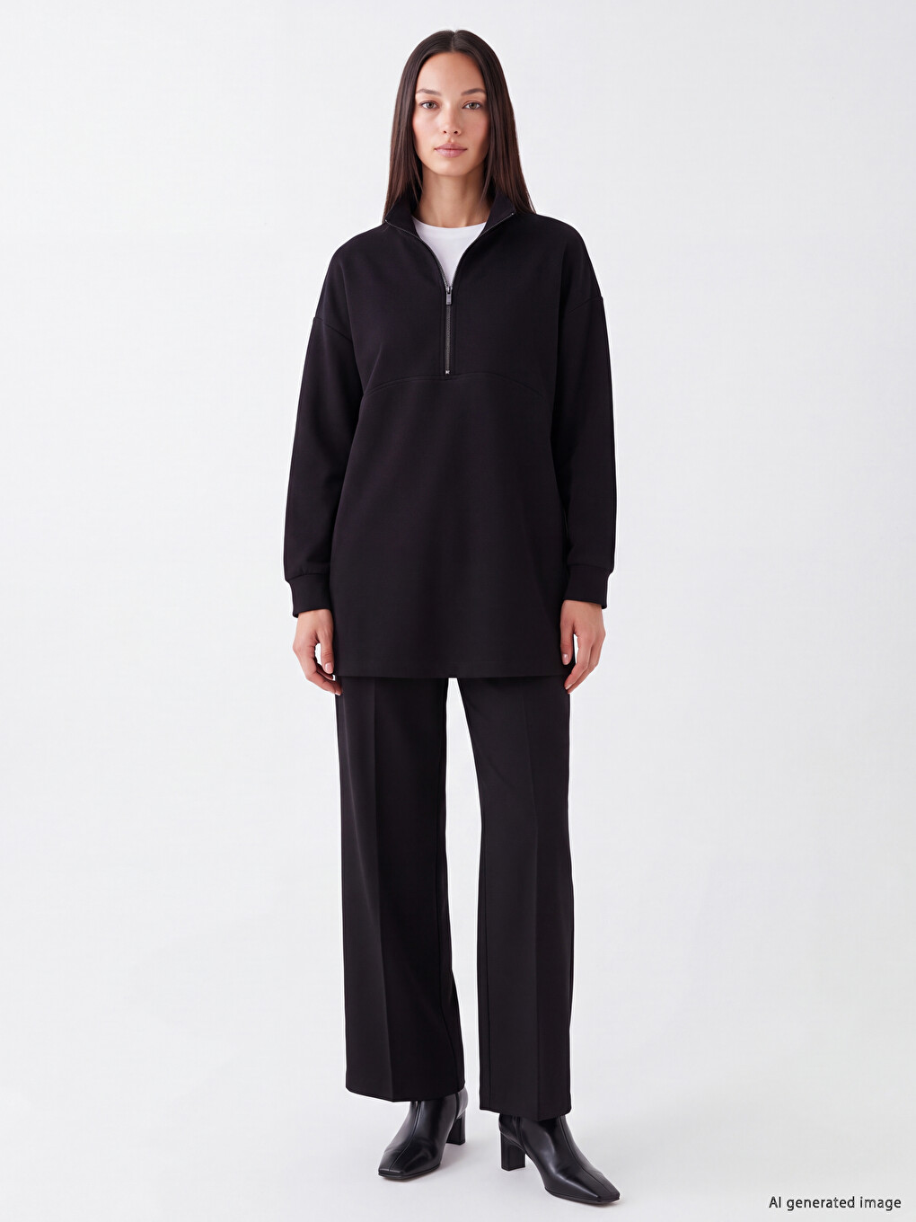 Siyah Oversize Soft Touch Kadın Sweatshirt Tunik-1