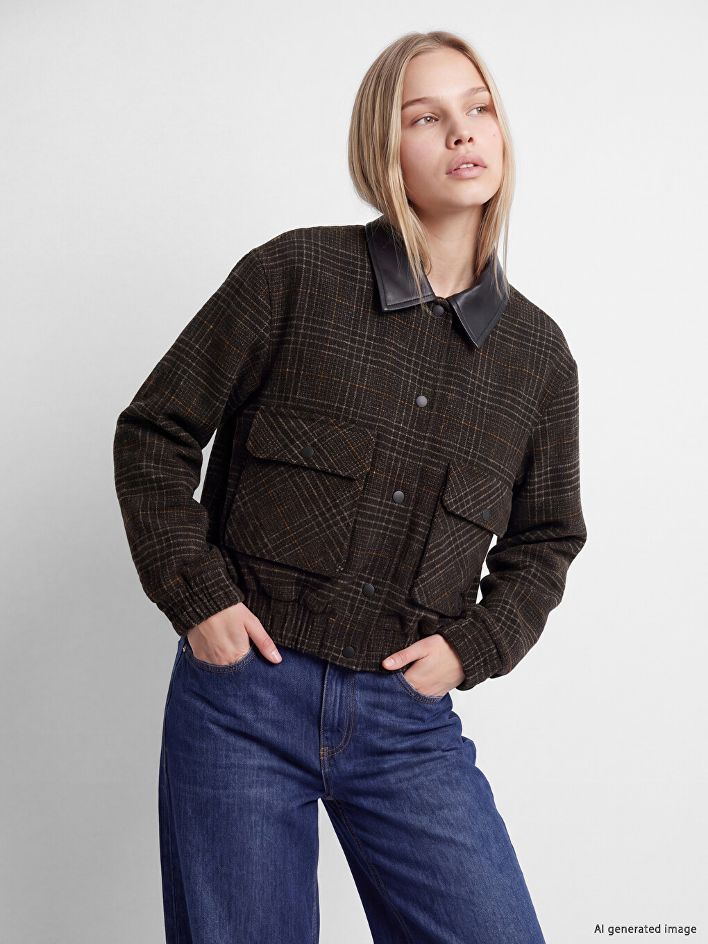 Leather Collared Plaid Women's Cachet Jacket