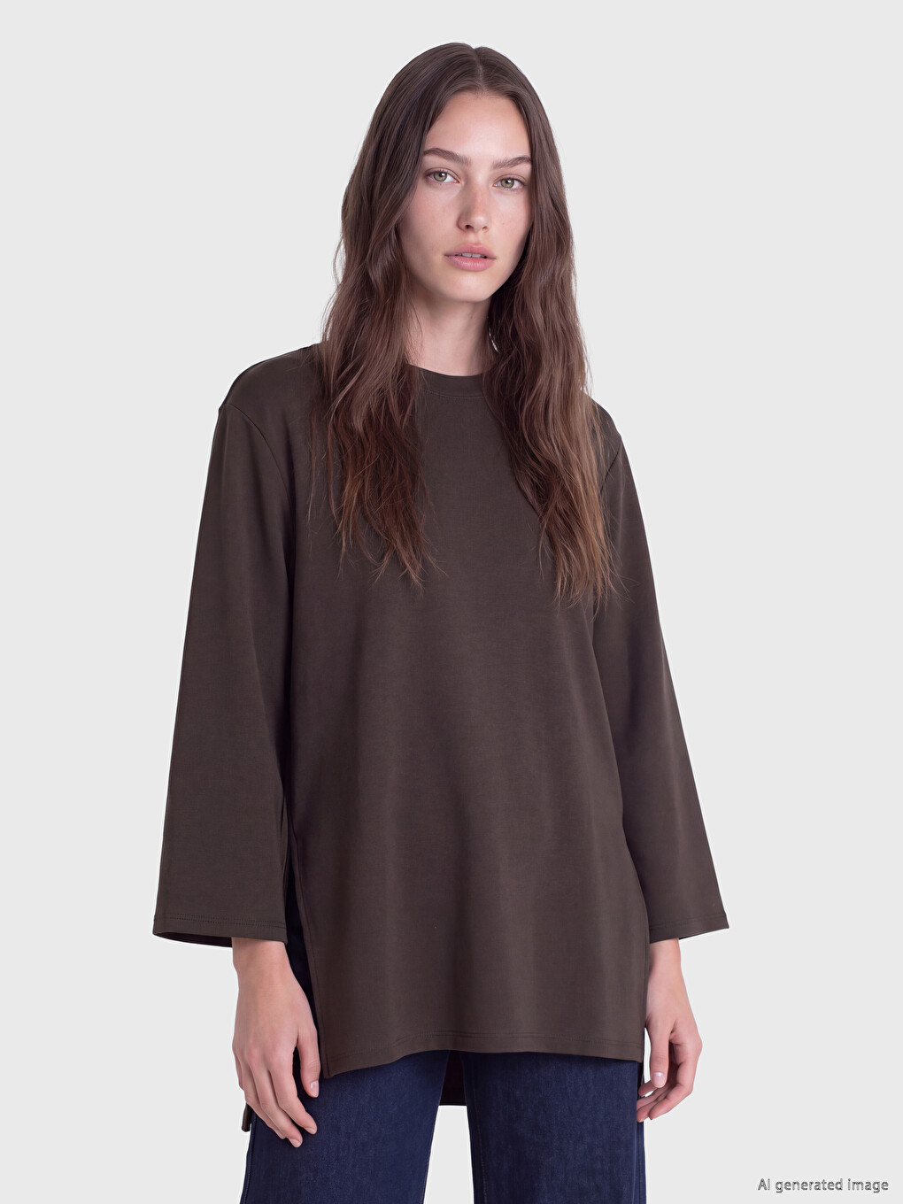 Kahverengi Soft Touch Oversize Kadın Sweatshirt Tunik