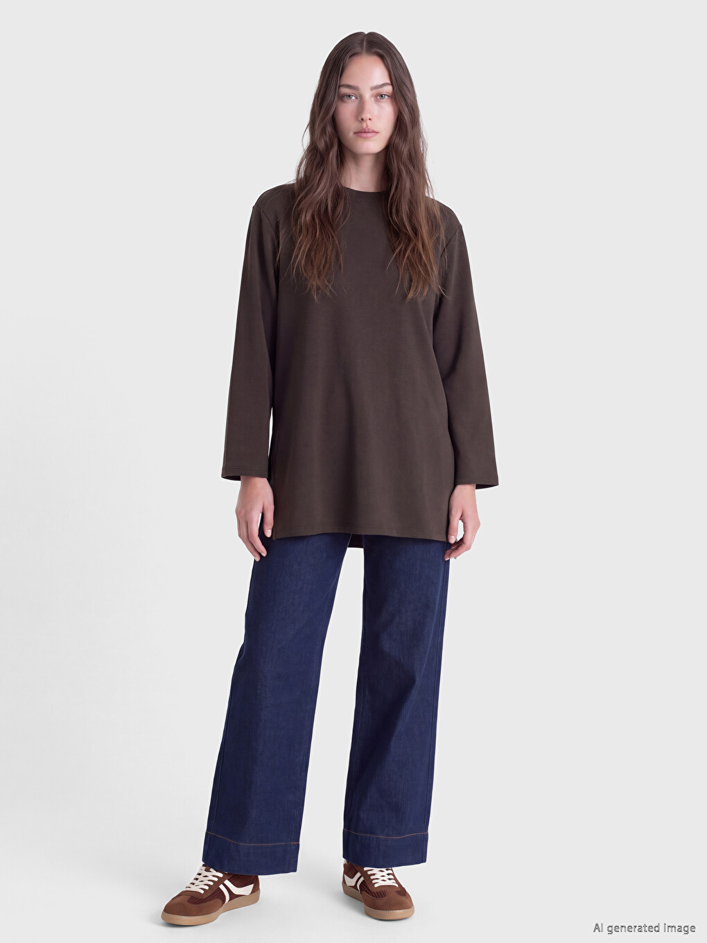 Kahverengi Soft Touch Oversize Kadın Sweatshirt Tunik-1