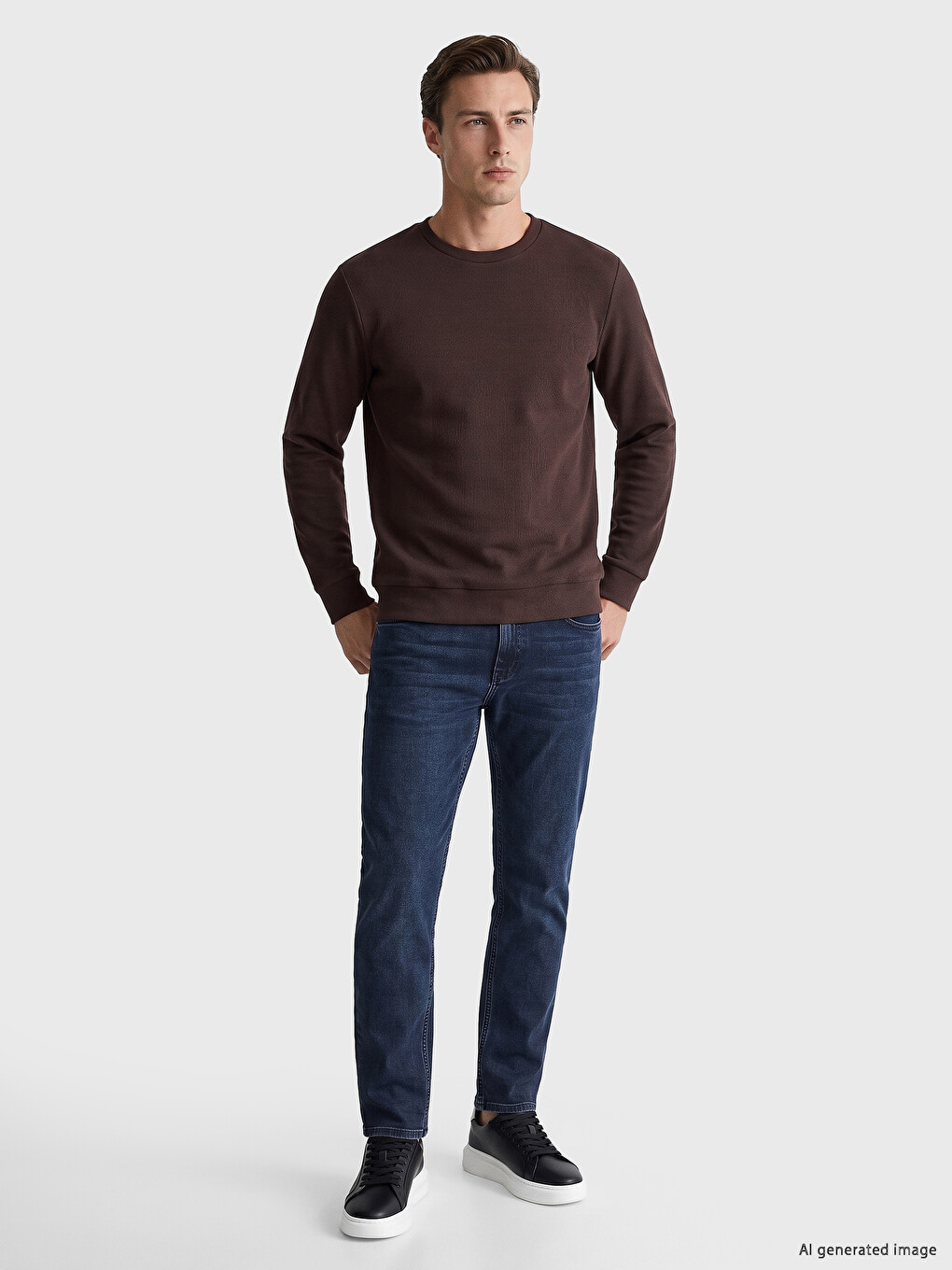 Kahverengi Bisiklet Yaka Erkek Sweatshirt-1