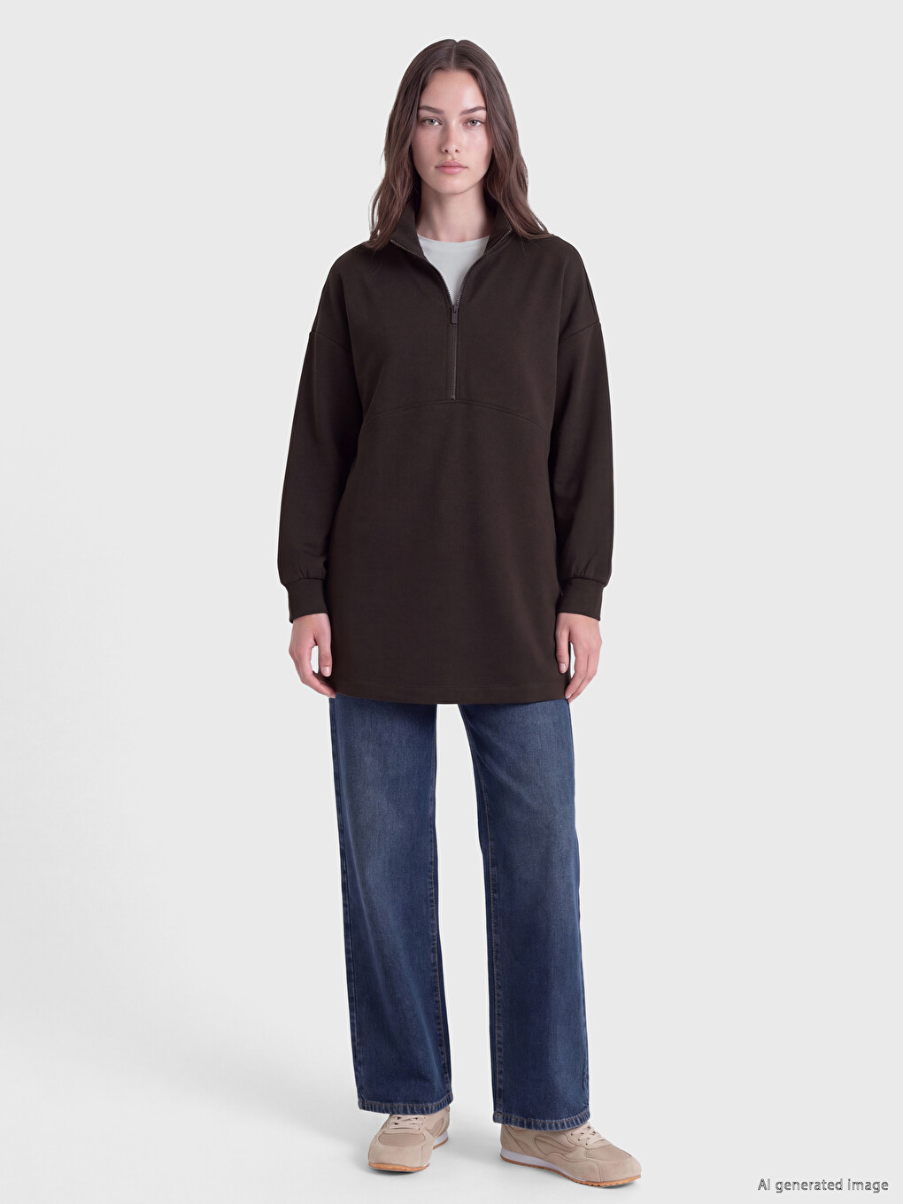 Kahverengi Soft Touch Kadın Sweatshirt Tunik-1