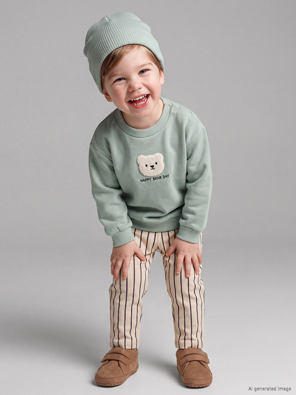  Erkek Bebek Nakışlı Sweatshirt ve Çizgili Pantolon