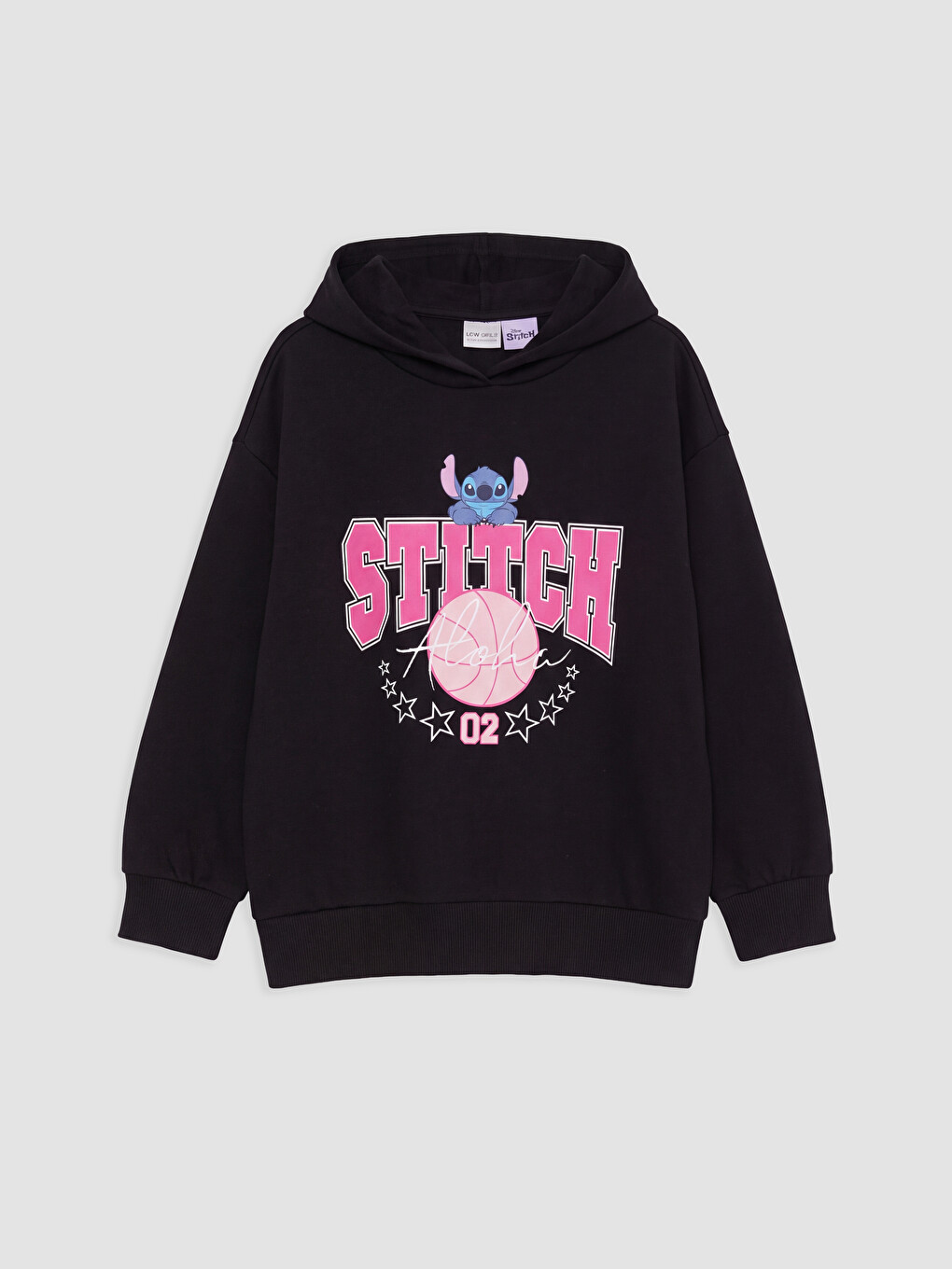 Siyah Kapüşonlu Stitch Baskılı Sweatshirt