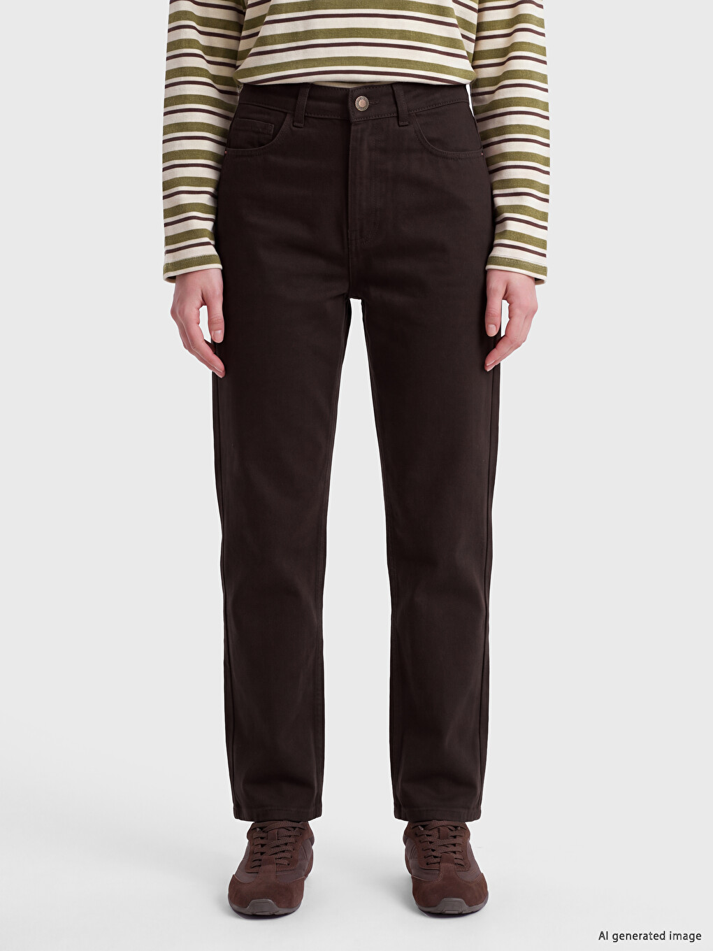 Kahverengi Crop Straight Fit Kadın Jean Pantolon-1
