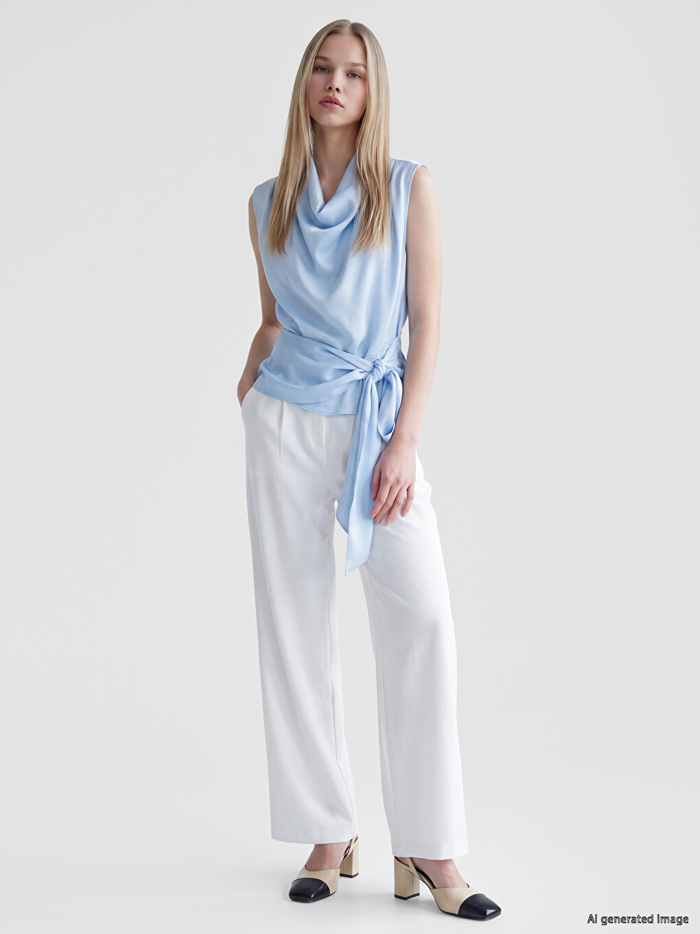 Cowl Neck Tied Satin Blouse-1