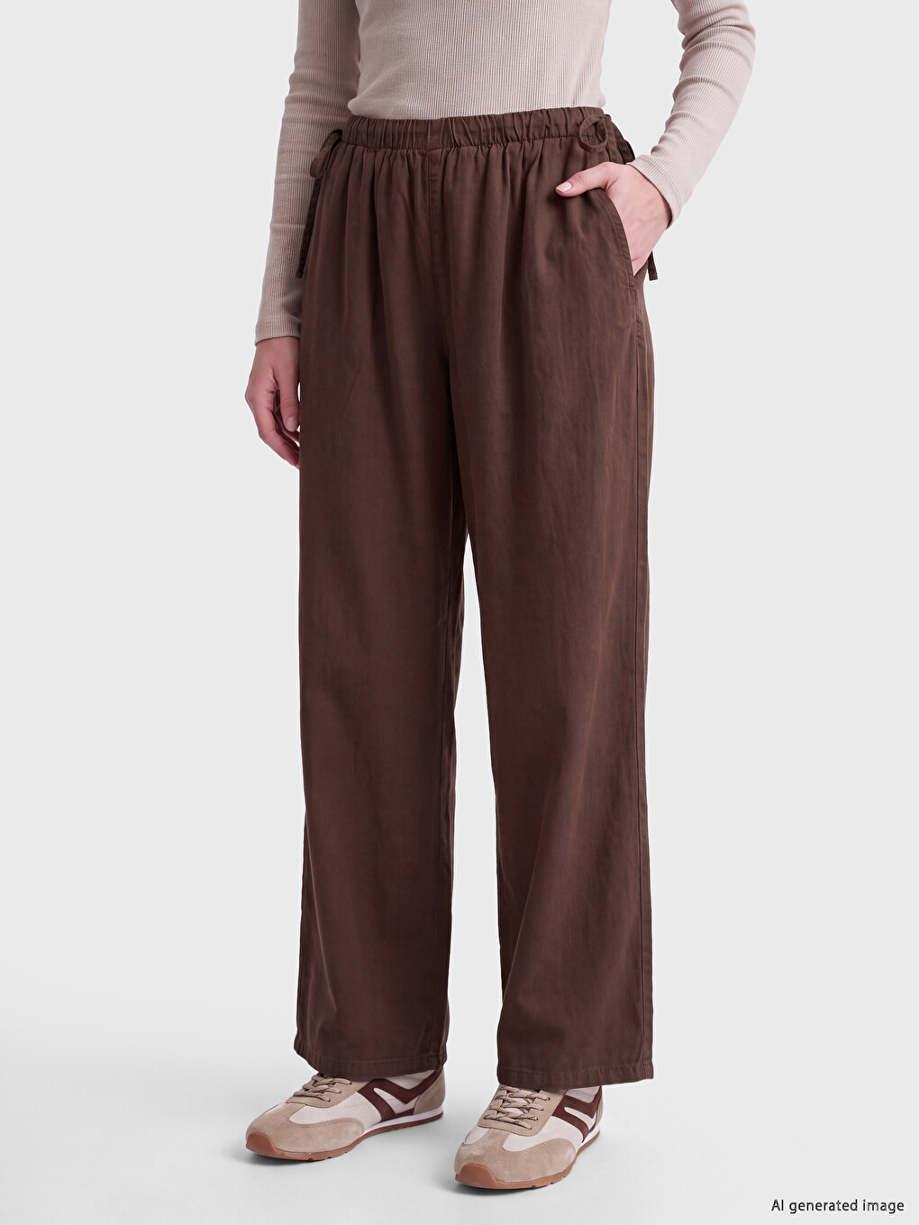 Kahverengi Beli Lastikli Wideleg Kadın Jean Pantolon-1