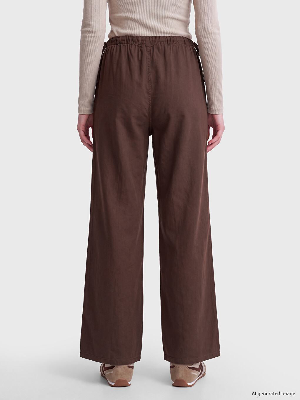 Kahverengi Beli Lastikli Wideleg Kadın Jean Pantolon-3